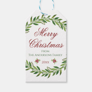 Merry Christmas Watercolor Wreath Family  Gift Tags