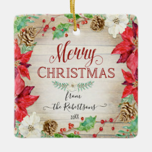 Merry Christmas Watercolor Wreath Family Photo Ceramic Ornament