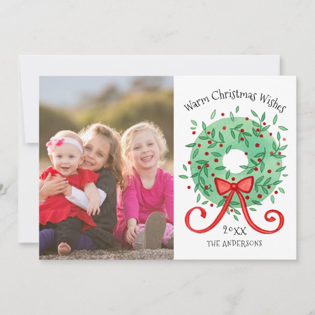 Merry Christmas Watercolor Wreath Family Photo Holiday Card (Front)