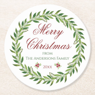 Merry Christmas Watercolor Wreath Family Round Paper Coaster