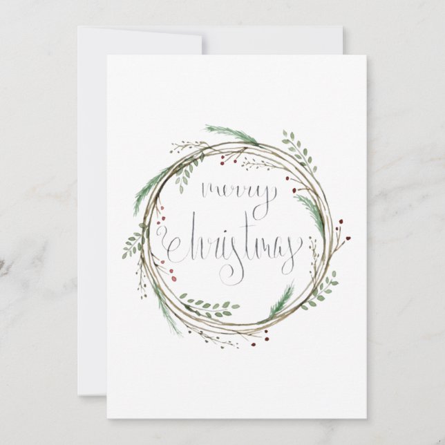 Merry Christmas Watercolor Wreath Holiday Card (Front)