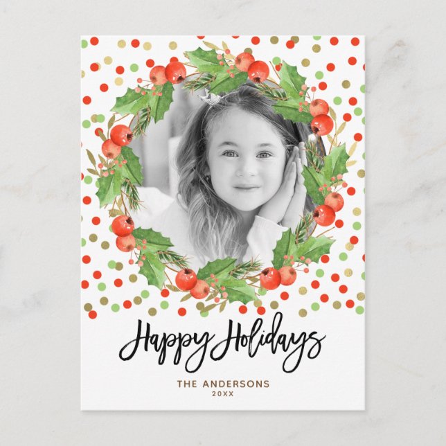Merry Christmas Watercolor Wreath Holiday Photo (Front)
