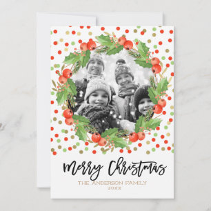 Merry Christmas Watercolor Wreath Holiday Photo Card