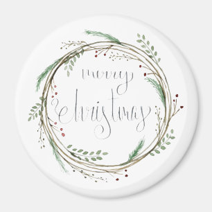 Merry Christmas Watercolor Wreath Magnet