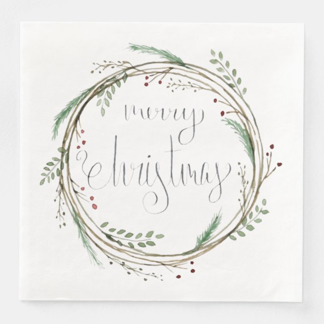 Merry Christmas Watercolor Wreath Napkin (Front)