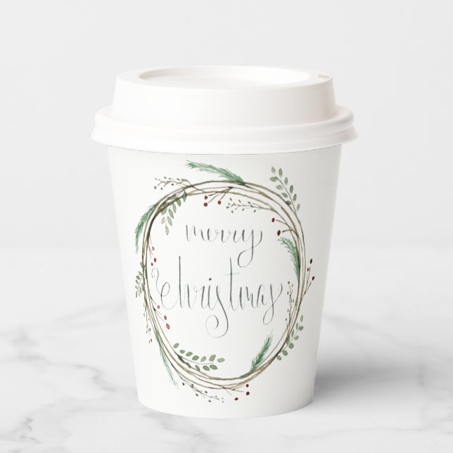 Merry Christmas Watercolor Wreath Paper Cups (Front)