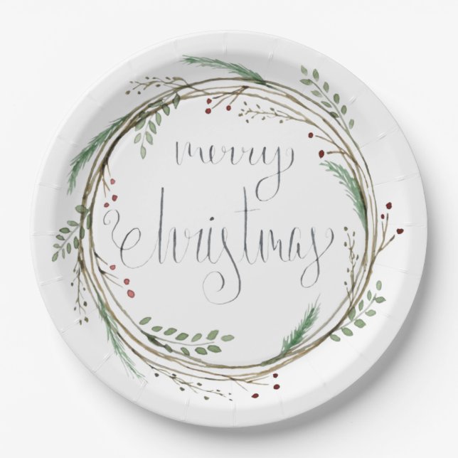 Merry Christmas Watercolor Wreath Paper Plate (Front)