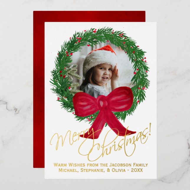 Merry Christmas! Watercolor Wreath Photo Frame Foil Holiday Card (Front/Back)