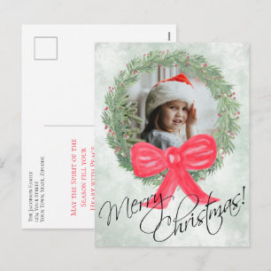 Merry Christmas Watercolor Wreath Photo Frame Holiday Postcard