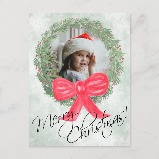 Merry Christmas Watercolor Wreath Photo Frame Holiday Postcard (Front)