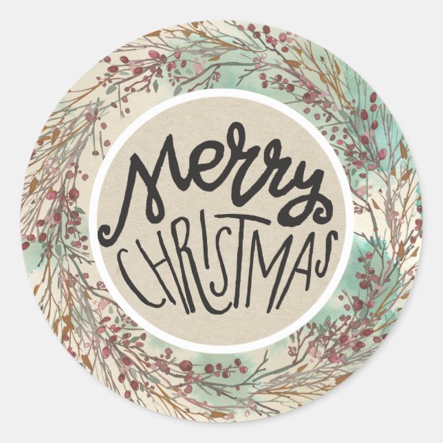 Merry Christmas Watercolor Wreath Rustic Holiday Classic Round Sticker (Front)