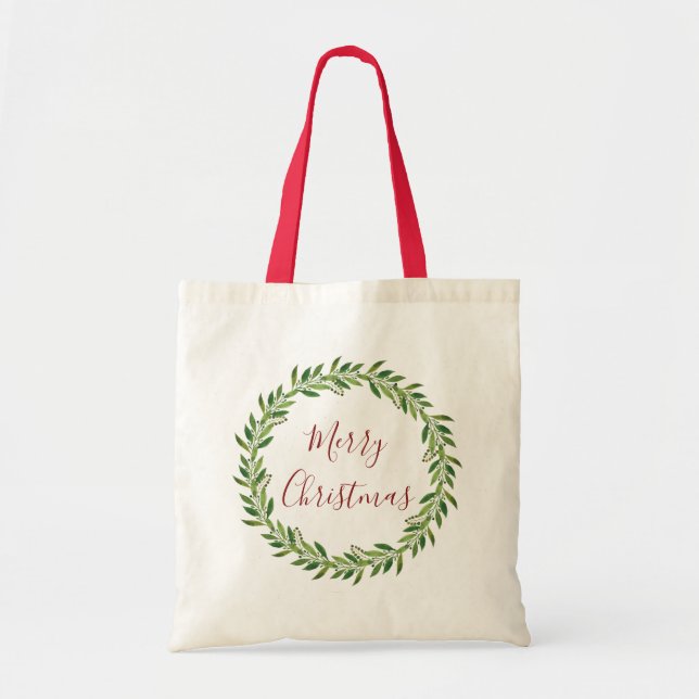 Merry Christmas Watercolor Wreath Tote Bag (Front)
