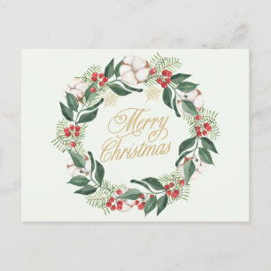 Merry Christmas Watercolor Wreath with Berries Holiday Postcard