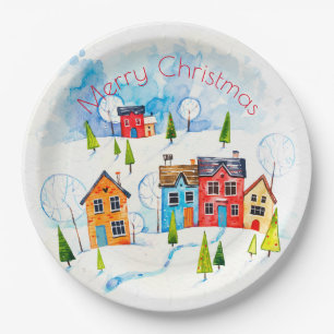 Merry Christmas watercolour snowy township Paper Plate