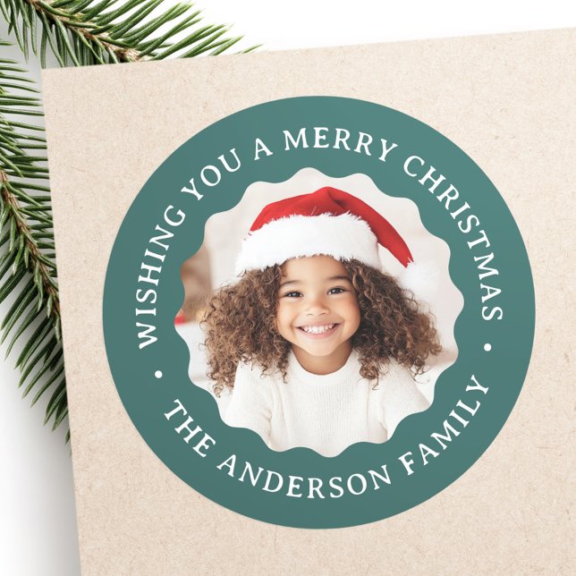Merry Christmas wavy border pine green photo Classic Round Sticker (Merry Christmas wavy border pine green photo Classic Round Sticker)