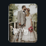 Merry Christmas | Wedding Photo Christmas  Magnet<br><div class="desc">This Christmas magnet is perfect for showcasing your favourite wedding photo.  The front has full opening for your photo and the word "Merry" in a bold white script font with options to personalise with your last name and year.</div>