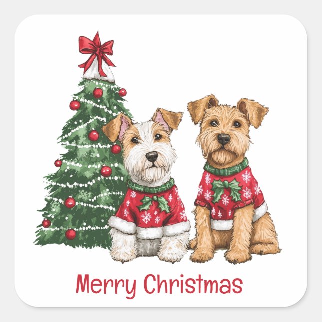 Merry Christmas Welsh Wire Fox Terrier Dogs Square Sticker (Front)