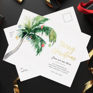 Merry Christmas We've Moved Coastal Palm Tree Gold Foil Holiday Postcard