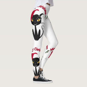 Merry Christmas Whimsical Black Cat Leggings