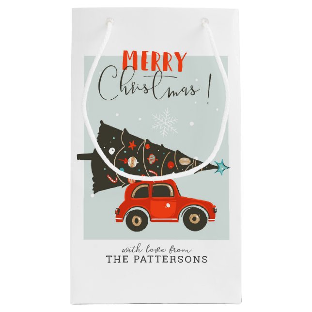 Merry Christmas Whimsical Car Tree Personalised Small Gift Bag (Back)