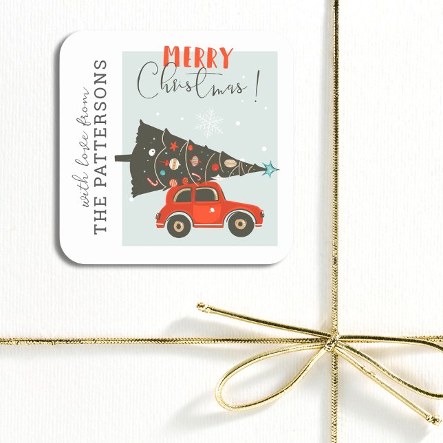 Merry Christmas Whimsical Car Tree Personalised Square Sticker (Creator Uploaded)