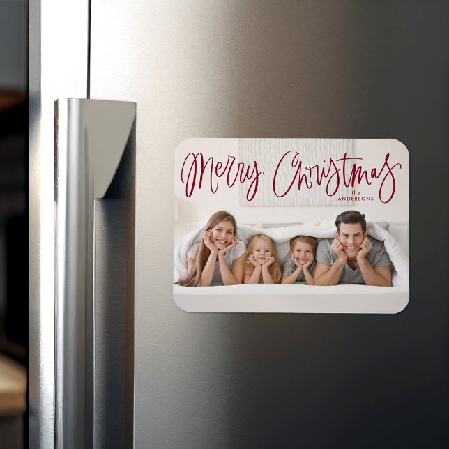 Merry Christmas Whimsical Cranberry Script Photo Magnet (Creator Uploaded)