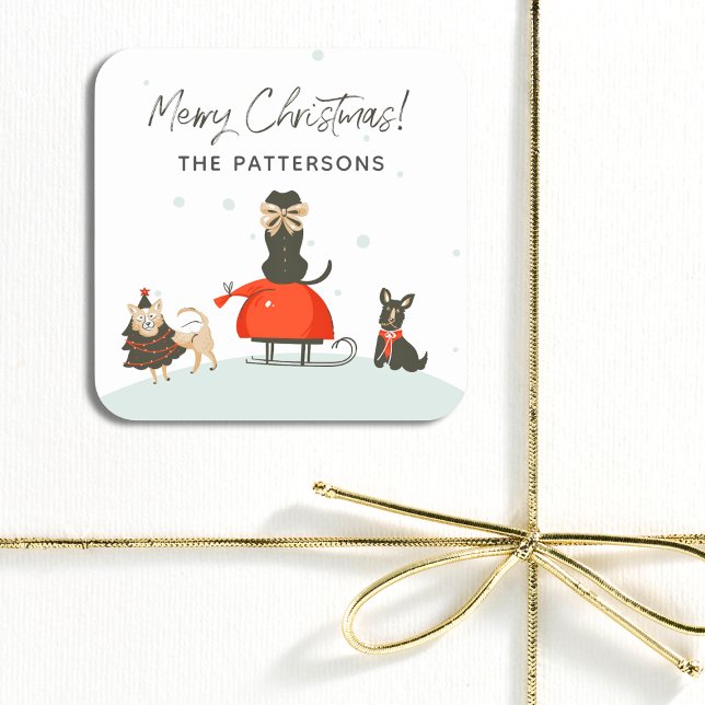Merry Christmas Whimsical Cute Dogs Custom Name Square Sticker (Creator Uploaded)