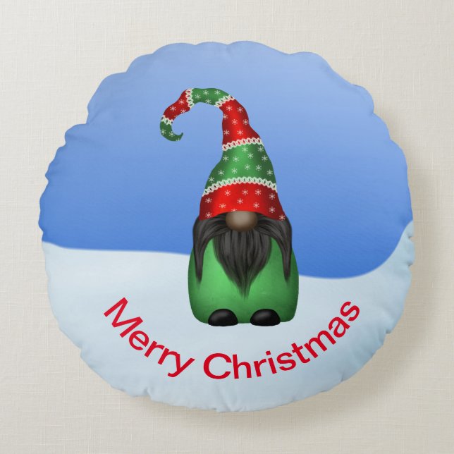 Merry Christmas Whimsical Gnome Round Cushion (Front)