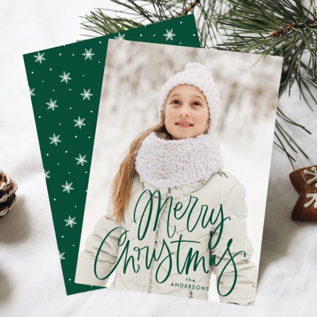 Merry Christmas Whimsical Green Script Photo Holiday Card (Creator Uploaded)