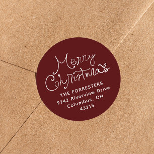 Merry Christmas whimsical maroon return address Classic Round Sticker