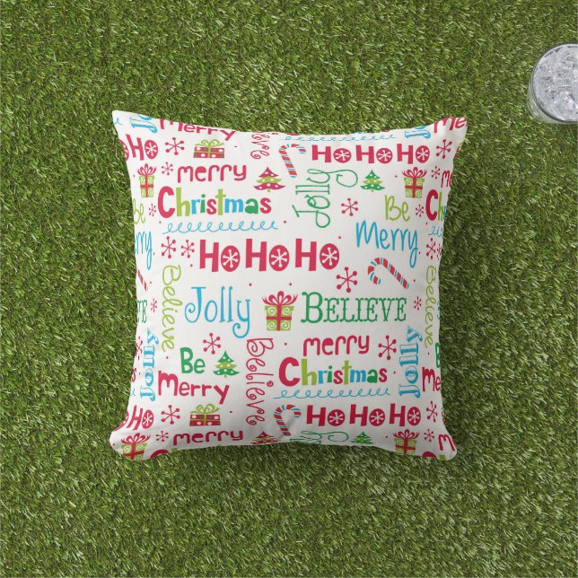 Merry Christmas Whimsical Modern Jolly Typography Cushion (Grass)