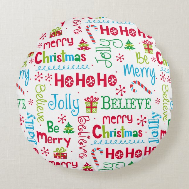 Merry Christmas Whimsical Modern Jolly Typography Round Cushion (Front)