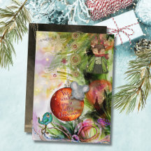 Merry Christmas Whimsical Mouse & Bird Card