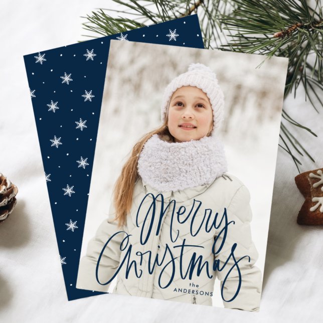 Merry Christmas Whimsical Navy Script Photo Holiday Card (Creator Uploaded)