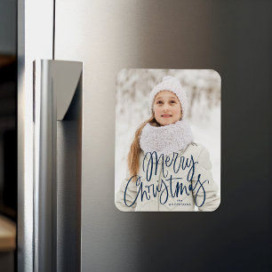 Merry Christmas Whimsical Navy Script Photo Magnet