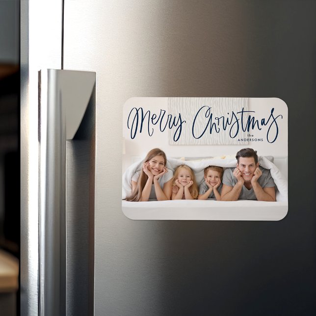 Merry Christmas Whimsical Navy Script Photo Magnet (Creator Uploaded)