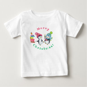 Merry Christmas Whimsical Penguins Bringing Gifts Baby T-Shirt