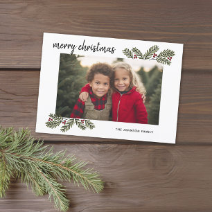 Merry Christmas Whimsical Pine Branches - 1 Photo Holiday Card