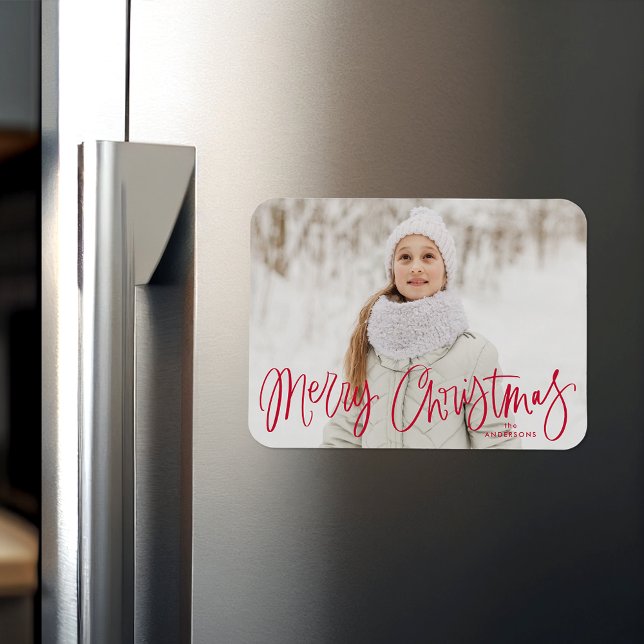 Merry Christmas Whimsical Red Script Holiday Photo Magnet (Creator Uploaded)