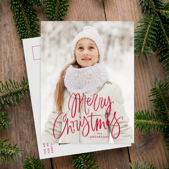 Merry Christmas Whimsical Red Script Photo Holiday Postcard (Creator Uploaded)