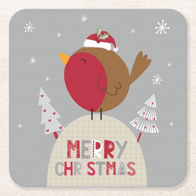Merry Christmas Whimsical Robin Square Paper Coaster (Front)