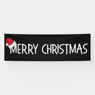 Merry Christmas Whimsical Santa Hat on Black Banner