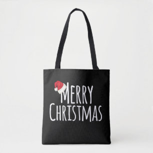 Merry Christmas Whimsical Santa Hat on White Tote Bag