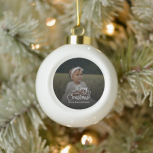 Merry Christmas Whimsical Script Baby Photo Ceramic Ball Christmas Ornament