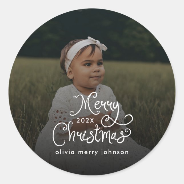 Merry Christmas Whimsical Script  Baby Photo  Classic Round Sticker (Front)