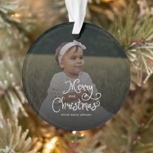 Merry Christmas Whimsical Script  Baby Photo  Ornament