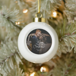 Merry Christmas Whimsical Script Custom Photo Ceramic Ball Christmas Ornament