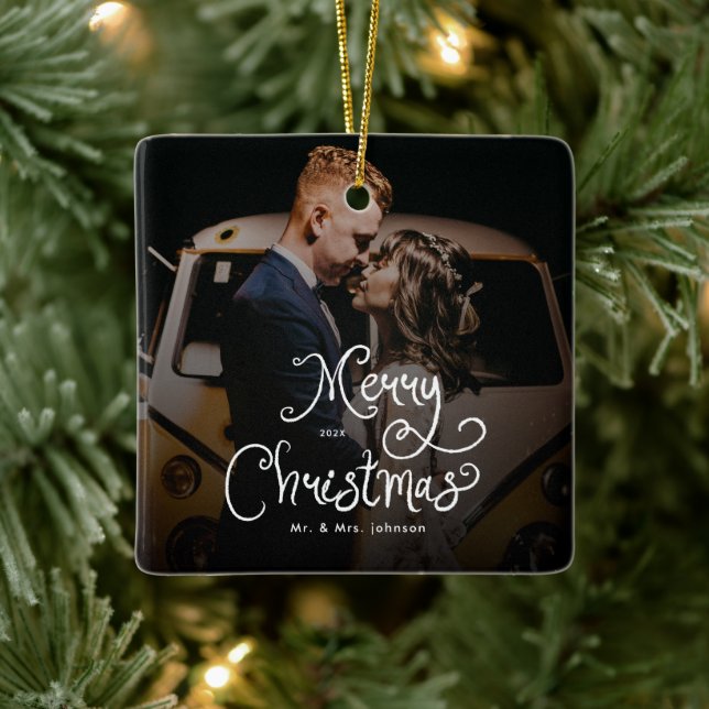 Merry Christmas Whimsical Script  Custom Photo  Ceramic Ornament (Tree)
