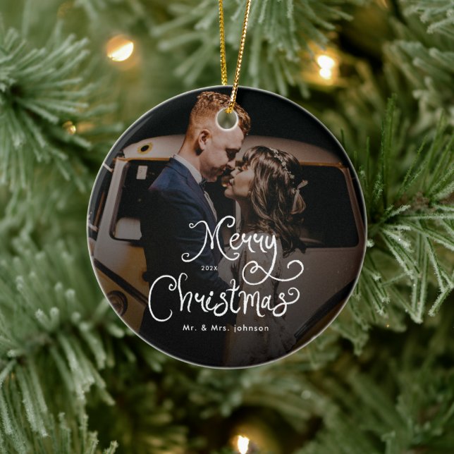 Merry Christmas Whimsical Script  Custom Photo  Ceramic Tree Decoration (Tree)