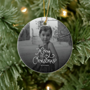 Merry Christmas Whimsical Script custom Photo Dog Ceramic Tree Decoration